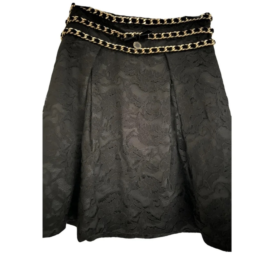 Elisabetta Franchi Black Lace Mini Skirt with Gold Chain Waist Detail Sz 44 $825